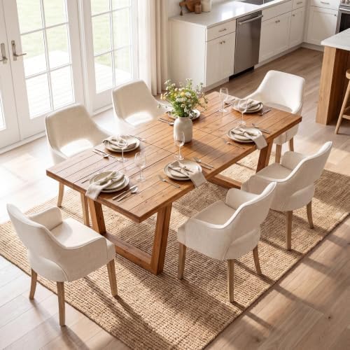 Linen Upholstered Dining Chairs Set of 6 with Arms