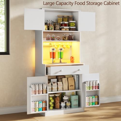 71" Tall Kitchen Pantry Cabinet with Microwave Countertop, LED Lights Wh...