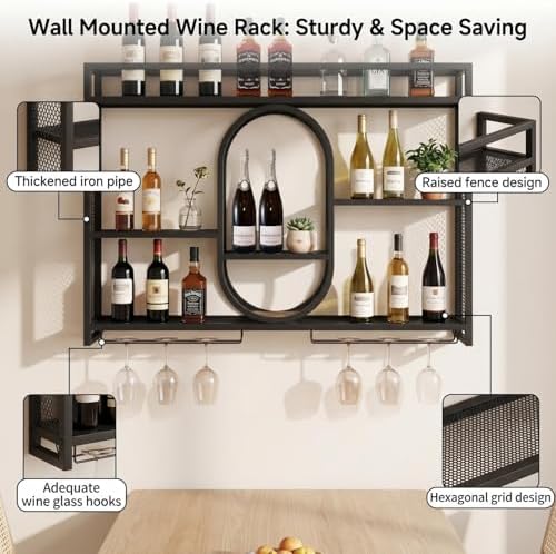 47" Upgrade Metal Wall Mounted Wine Rack, 3 Tier Bar Shelves with Glass ...
