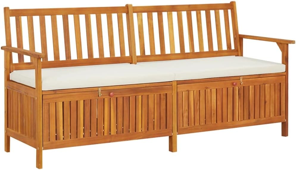 Outdoor Storage Bench with Cream Cushion, 67 Inch Acacia Wood Patio Entryway ...