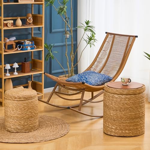 Round Storage Pouf Ottoman Hand Weaving Natural Boho Straw Footstool Pouffe |...