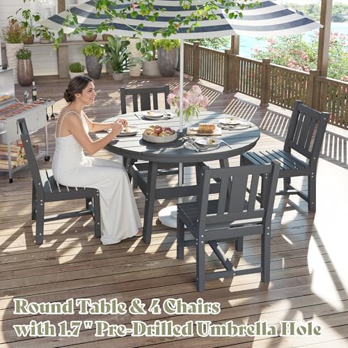 AMERLIFE Outdoor Dining Set for 4, HDPE Round Table and Chairs, Gray