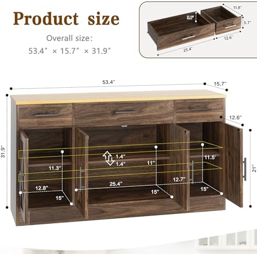 Vongrasig Buffet Cabinet with Drawers, 53” Large Sideboard Buffet Kitchen Sto...