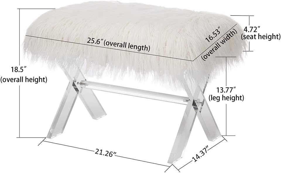 Glitzhome Ottoman Bench, White Faux Fur Ottoman Foot Rest, 25.5" L Moder...
