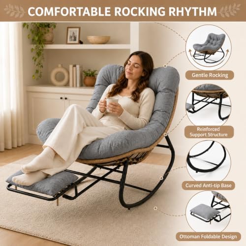 Oversized Rocking Chair with Zero-Gravity Foot Rest & Ottoman, Comfy Loun...