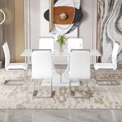Dining Table Set for 6, Kitchen Table Chairs Set of 6, Modern Dining Room Set 71'' Faux Marble Dinner Table PU Leather Upholstered Chairs for Kitchen (White, 71”)