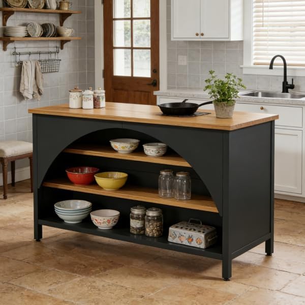 Kitchen Island with Open Shelves, Black and Natural Wood Top | 3-Tier Storage...