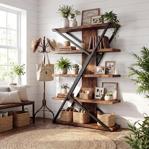 FUSUNBAO 5-Tier Industrial Bookshelf, Tall Wood and Metal Bookcase,Brown