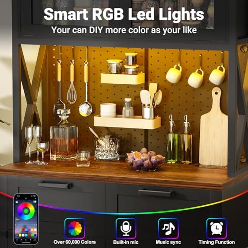Unikito 71" Kitchen Pantry Cabinet with LED Light & Outlet, Microwav...