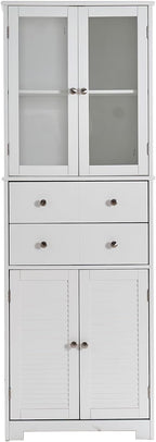23.6" D*11.8" W*66.9" H Freestanding Kitchen Pantry with 4 Dawers, 2 Shelves, Top French Door & Lower Double Door, Rectangular Storage Cabinet, for Living Room, Dining Room, White