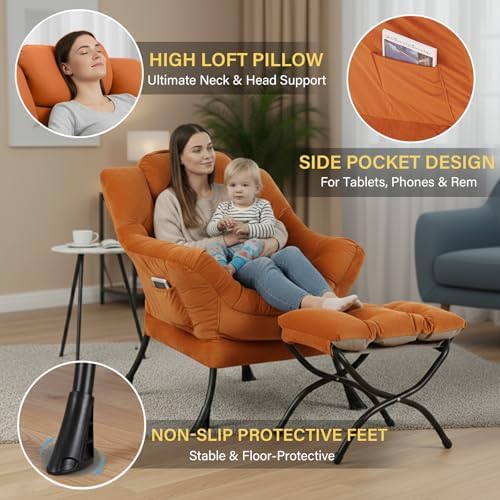 Lazy Chair with Ottoman,Comfy Accent Living Room Chair with Footrest Set | Re...
