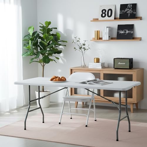 6FT White Plastic Folding Table Heavy Duty Tables Set of 5 | HDPE Tabletop Fo...