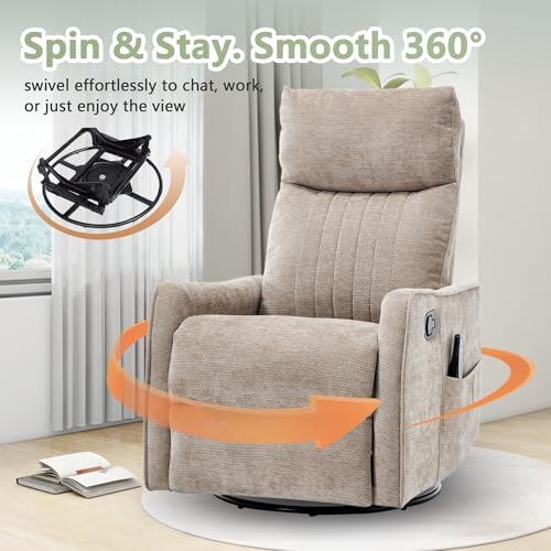 cinkehome Swivel Rocker Recliner, Glider Rocker Recliner Chair for Nursery, Manual Reclining Chair with Heated Massage, Small Spaces, Living Room, Khaki Chenille