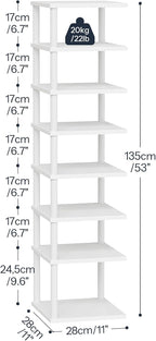 HOOBRO Vertical Shoe Rack, 8-Tier Narrow Shoe Shelf, Shoe Storage Organizer for Small Space, 11" L x 11" W x 53" H, Closet, Entryway, Hallway, Bedroom, White WW22XJ01