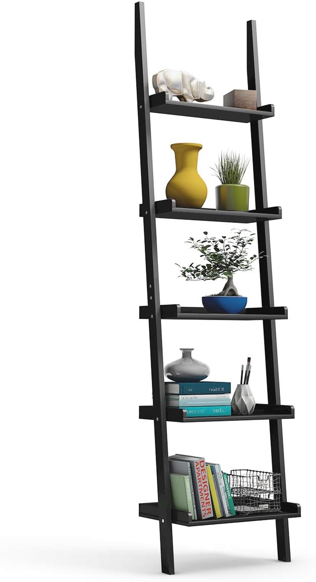 Tangkula Ladder Shelf, 5-Tier Multifunctional Modern Wood Plant Flower Book Display Shelf, Home Office Storage Rack Leaning Ladder Wall Shelf (Black, 1)
