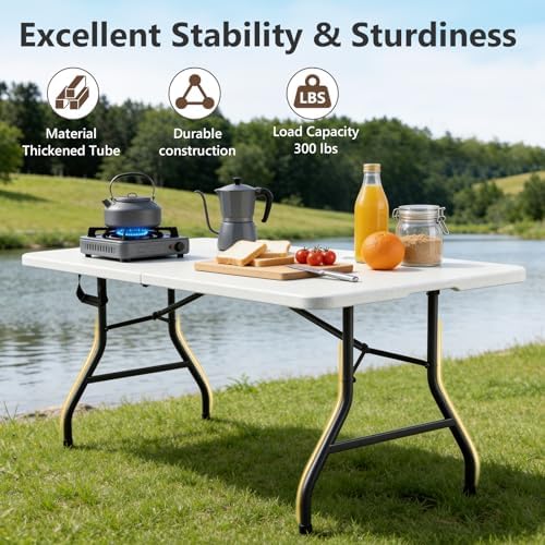 Folding Dining Table Set for 4, 5FT Foldable Plastic Table with Carrying Hand...
