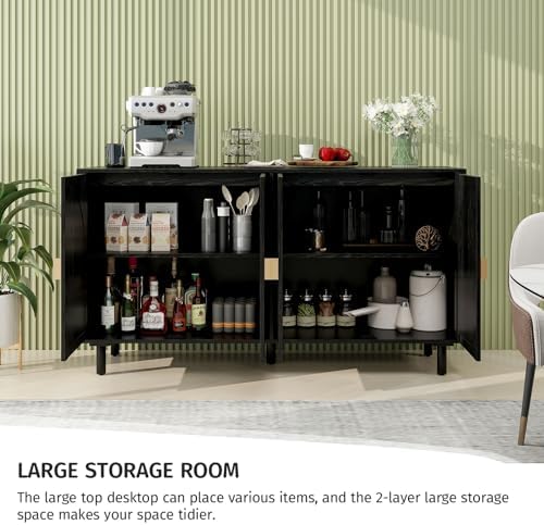 vistavie Black Rattan Buffet 4-Door Storage Cabinet with Adjustable Shelves, ...