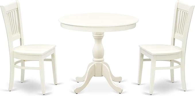 East West Furniture AMVA3-LWH-W 3 Piece Kitchen Table Set for Small Spaces Contains a Round Dining Room Table with Pedestal and 2 Dining Chairs, 36x36 Inch, Linen White