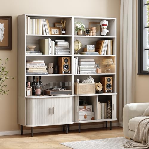 ONBRILL 71" Bookshelf with Sliding Door, Bookcase Cabinet, Natural White
