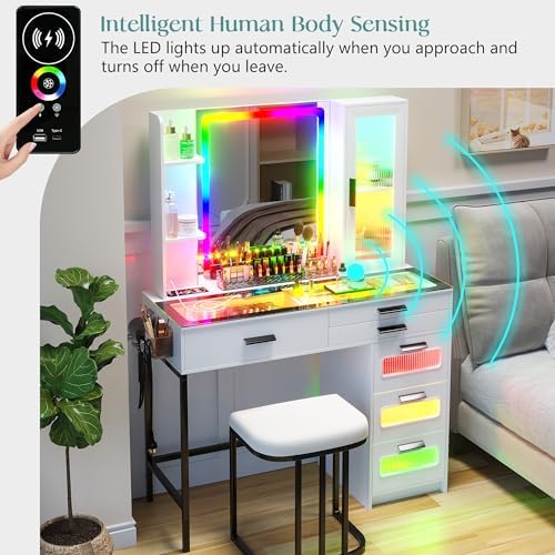 WOOVIVS Vanity Desk with Lights and Mirrror&Charger for Bedroom-White | 6...