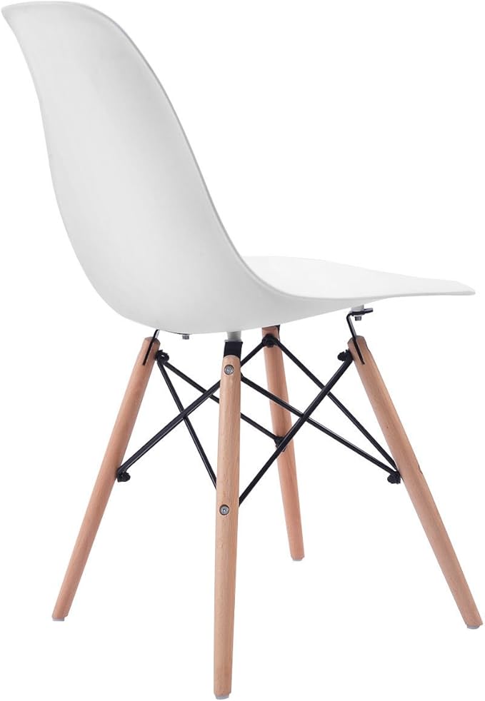 COSTWAY Dinning Chair Set of 4, Mid Century Modern Eiffel DSW Style Shell Molded Plastic Chair for Kitchen, Dining, Living Room, Bedroom, Lounge Side Chairs with Wood legs, White
