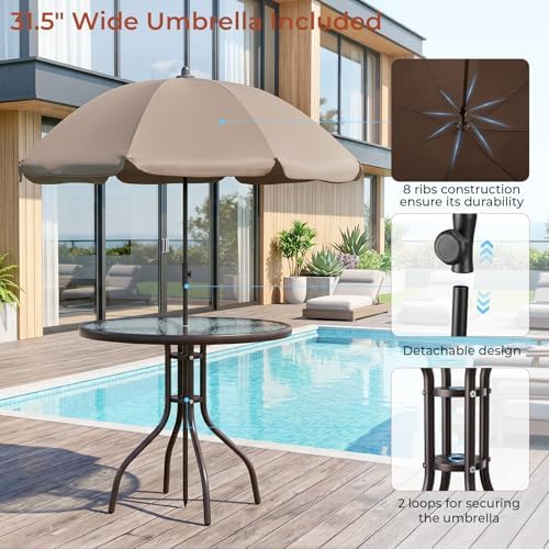 TLSUNNY 6 Pieces Glass Table and Folding Textilene Chairs with 65″ Umbrella