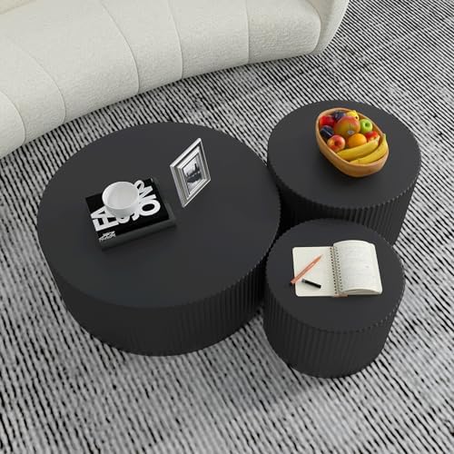 WILLIAMSPACE Black Round Coffee Table Set of 3, Modern Circle Wood Coffee Tab...