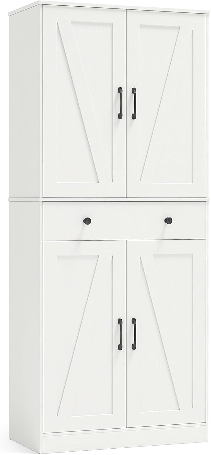 GOFLAME 72” Tall Pantry, Modern Farmhouse Cupboard Cabinet with 4 Barn Doors,...