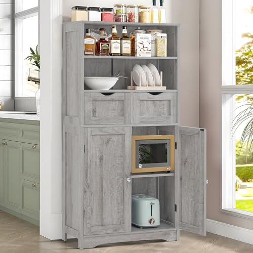 Iwell Storage Cabinet with 2 Drawers & Adjustable Shelf, Tall Bathroom Ca...