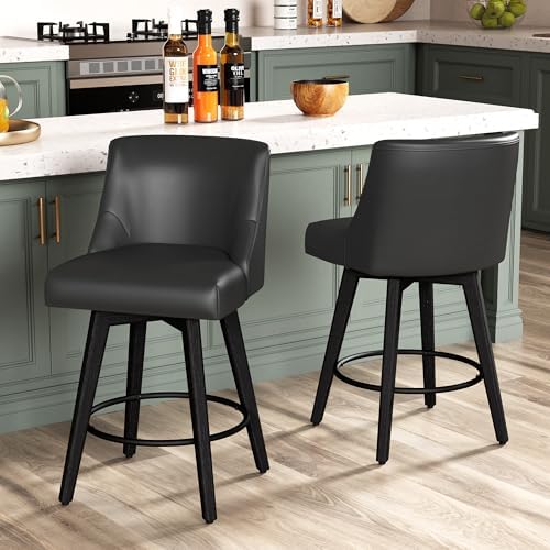 26" Counter Height Swivel Bar Stools, Set of 4, Black Grey | Faux Leathe...
