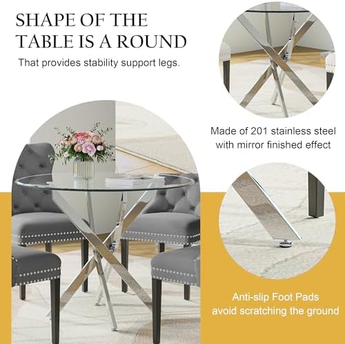 Round Glass Dining Table Set for 4, Modern 36 Inch Glass Kitchen Table with S...