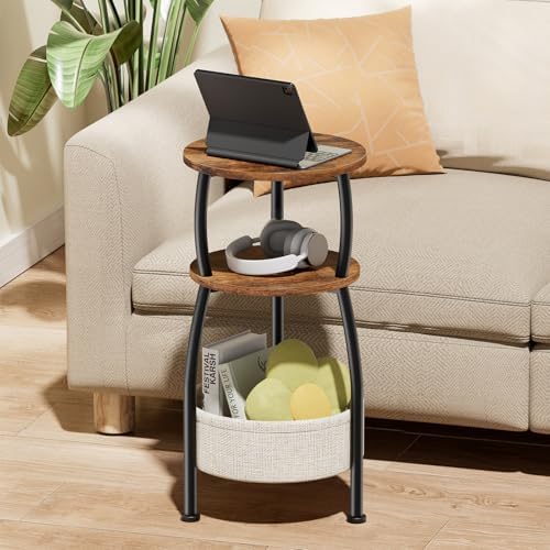 Round Side Table for Small Spaces with Storage Basket, 11.81in