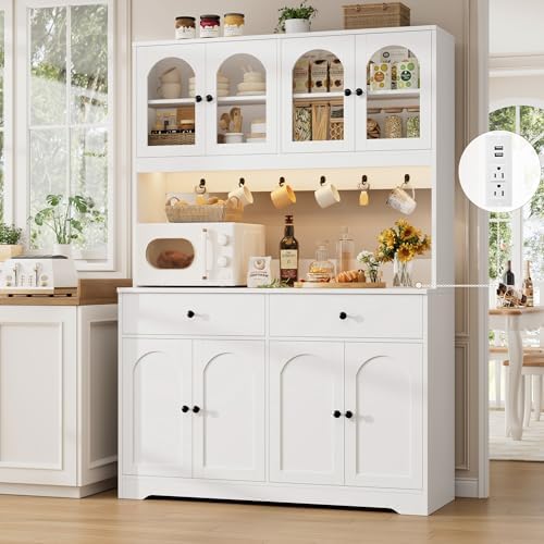 HIFIT 71" LED Kitchen Pantry Cabinet with Power Outlet, Tall Hutch, White