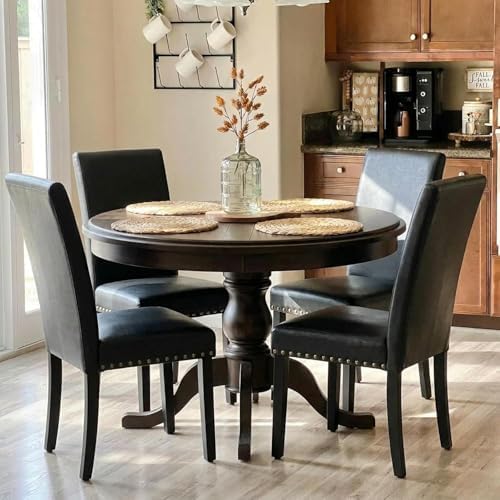 LSSBOUGHT Modern Leather Dining Chairs Set of 6 with Studded Trim(Black)