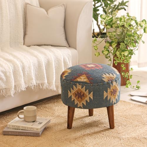 Handmade Kilim Jute Pouf Ottoman Stool | Round Upholstered Seating with Acaci...