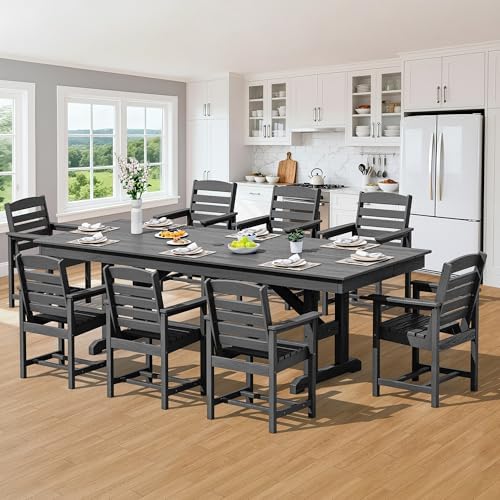 SERWALL 9Pcs 84" HDPE Outdoor Dining Set for 8 with Armchairs,Black