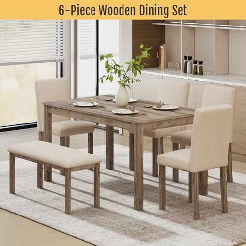 Zevemomo 6-Piece Solid Wood Dining Table Set, Wooden Legs Table Set, Brown