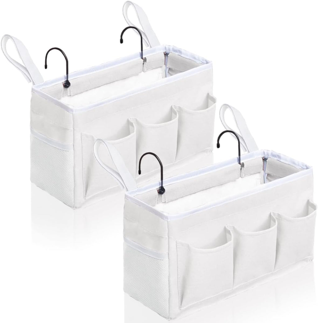 2Pcs Beside Caddy Storage Organizer, Hanging Bag Holder with Pockets for Bedroom, Loft Bed Tent, Bed Curtain, Top Bunk bed Shelf Accessories Bedside Caddy 3-pocket (White-2pcs)