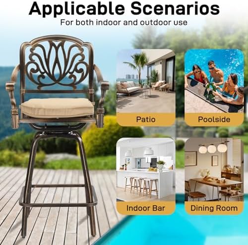 VINGLI Outdoor Swivel Bar Stools Set of 2, Cast Aluminum Patio Bar Height Cha...