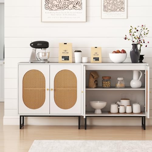 GIANTEX Boho Rattan Sideboard Buffet Cabinet with Storage, White