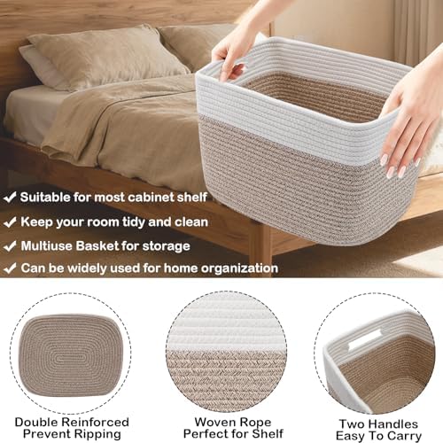 3 Pack Woven Baskets,Storage Baskets for Shelves with Handles | 13.5"×11"×9.5" Closet Baskets, Nursery Organizer for Toys Towels Books, Storage Bin for Living Room Bedroom (White&Brown)
