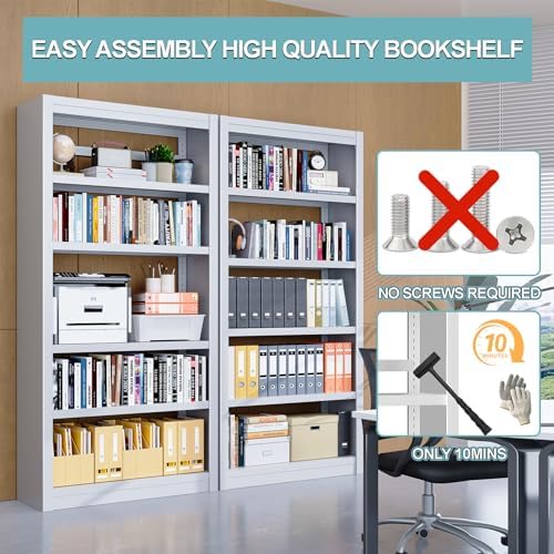 Bookshelf,6-Tier Adjustable Steel Book Shelf,61" H Heavy Duty Metal Book...