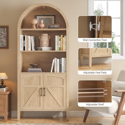 ONBRILL 71" Arched Display Bookshelf, 5-Tier Arched Bookcase W/Door, Oak