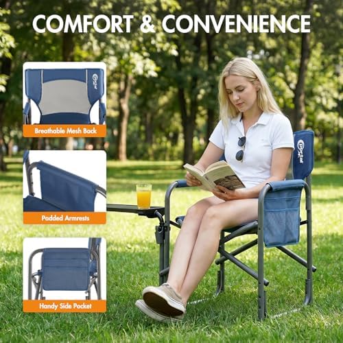 Portal Director Camping Chair with 2-Way Rotating Side Table, 300 lb, Blue