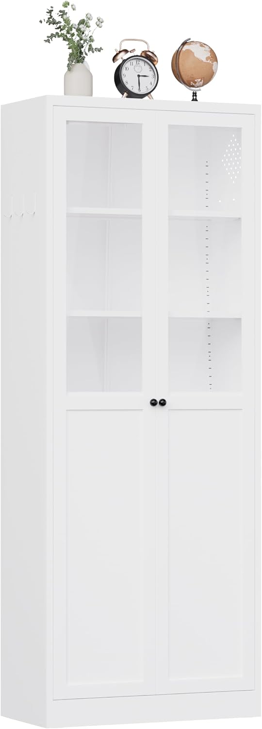 72" White Storage Cabinet Metal Kitchen Pantry Cabinet with Glass Doors ...