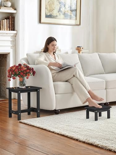 LUE BONA Small Outdoor Side Table with Removable Footstool for Patio, Black