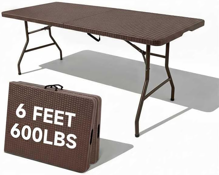 Folding Table 6 Foot, Heavy Duty 600 LBS Capacity, HDPE Wicker Pattern, Sturd...