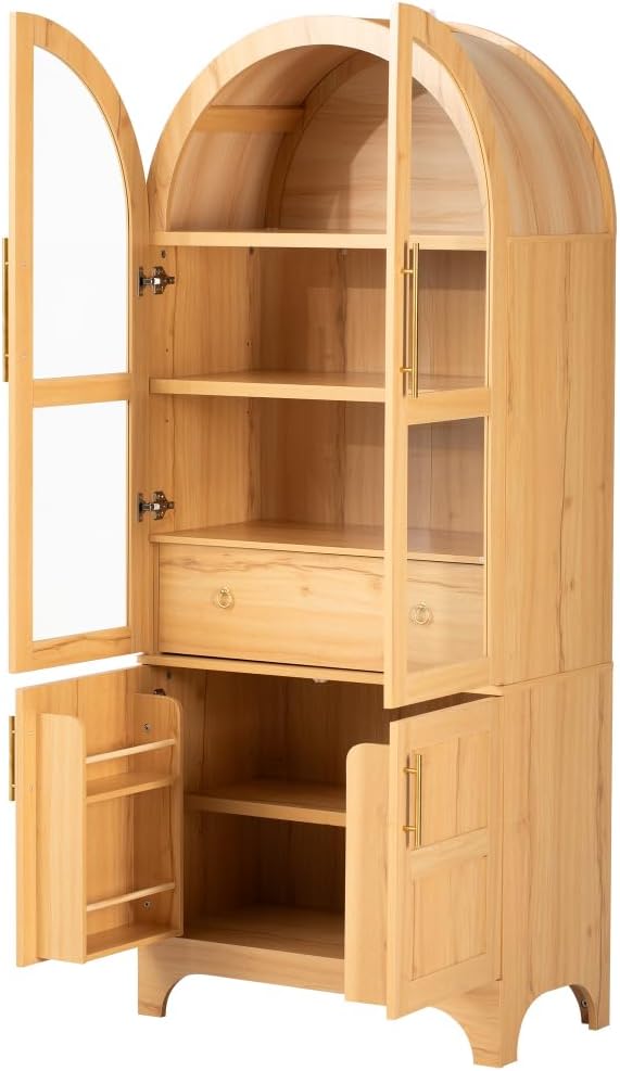 71 Inch Arched Kitchen Pantry Cabinet with Glass Doors and Hidden Drawer, Far...