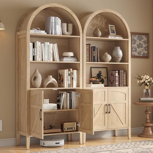 ONBRILL 71" Arched Display Bookshelf, 5-Tier Arched Bookcase W/Door, Oak
