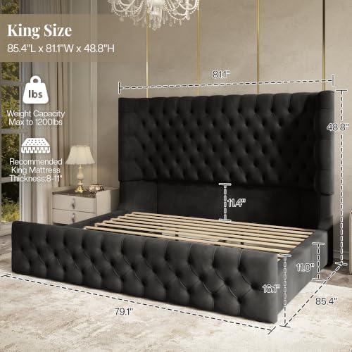 Jocisland King Bed Frame Upholstered Wingback Headboard & Footboard,Black
